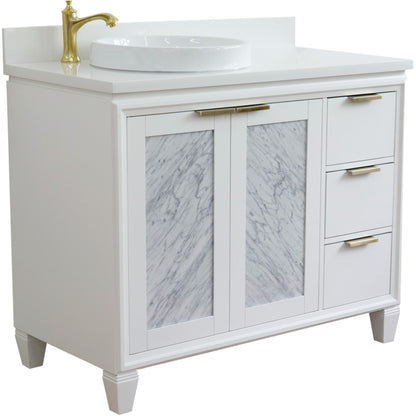 43" Single vanity in White finish with White engineered stone and round sink Left door/Left sink