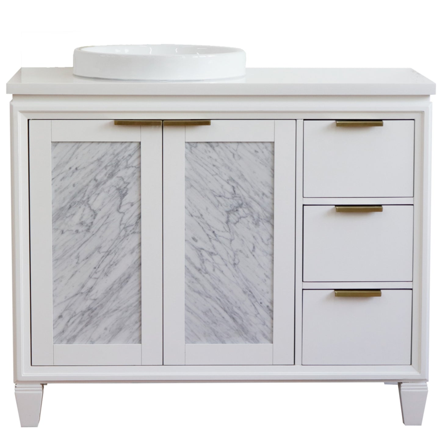 43" Single vanity in White finish with White engineered stone and round sink Left door/Left sink