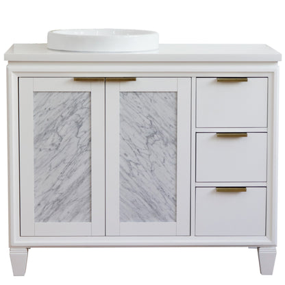43" Single vanity in White finish with White engineered stone and round sink Left door/Left sink