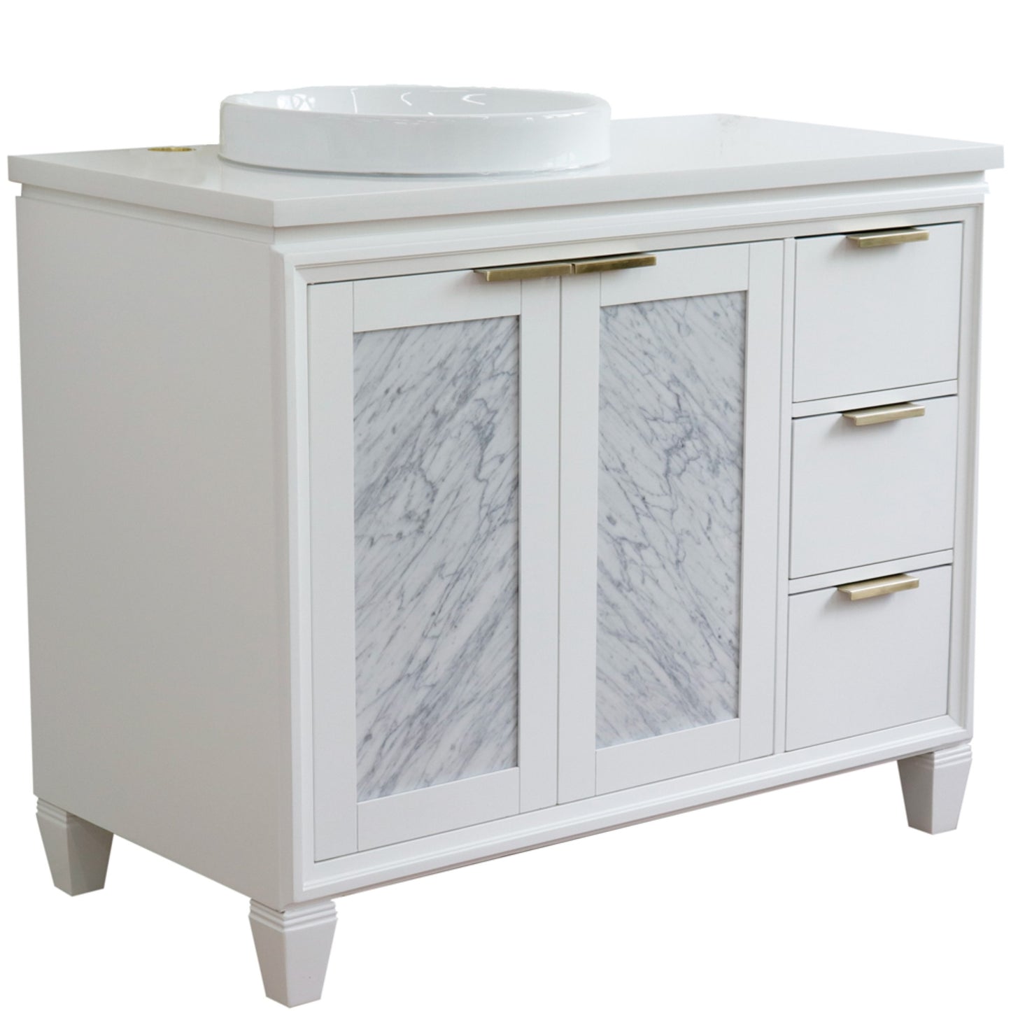 43" Single vanity in White finish with White engineered stone and round sink Left door/Left sink