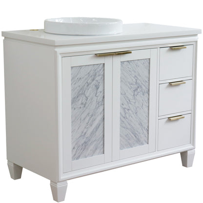 43" Single vanity in White finish with White engineered stone and round sink Left door/Left sink