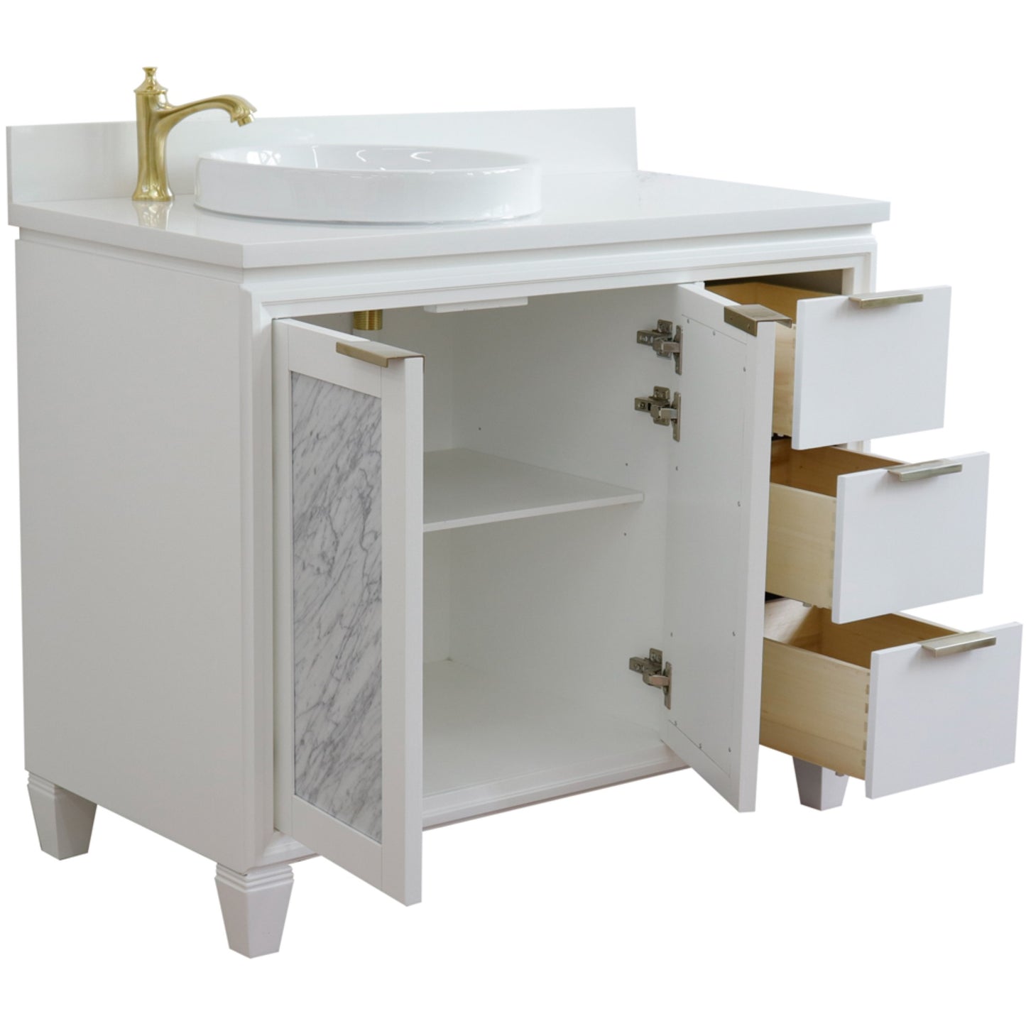 43" Single vanity in White finish with White engineered stone and round sink Left door/Left sink
