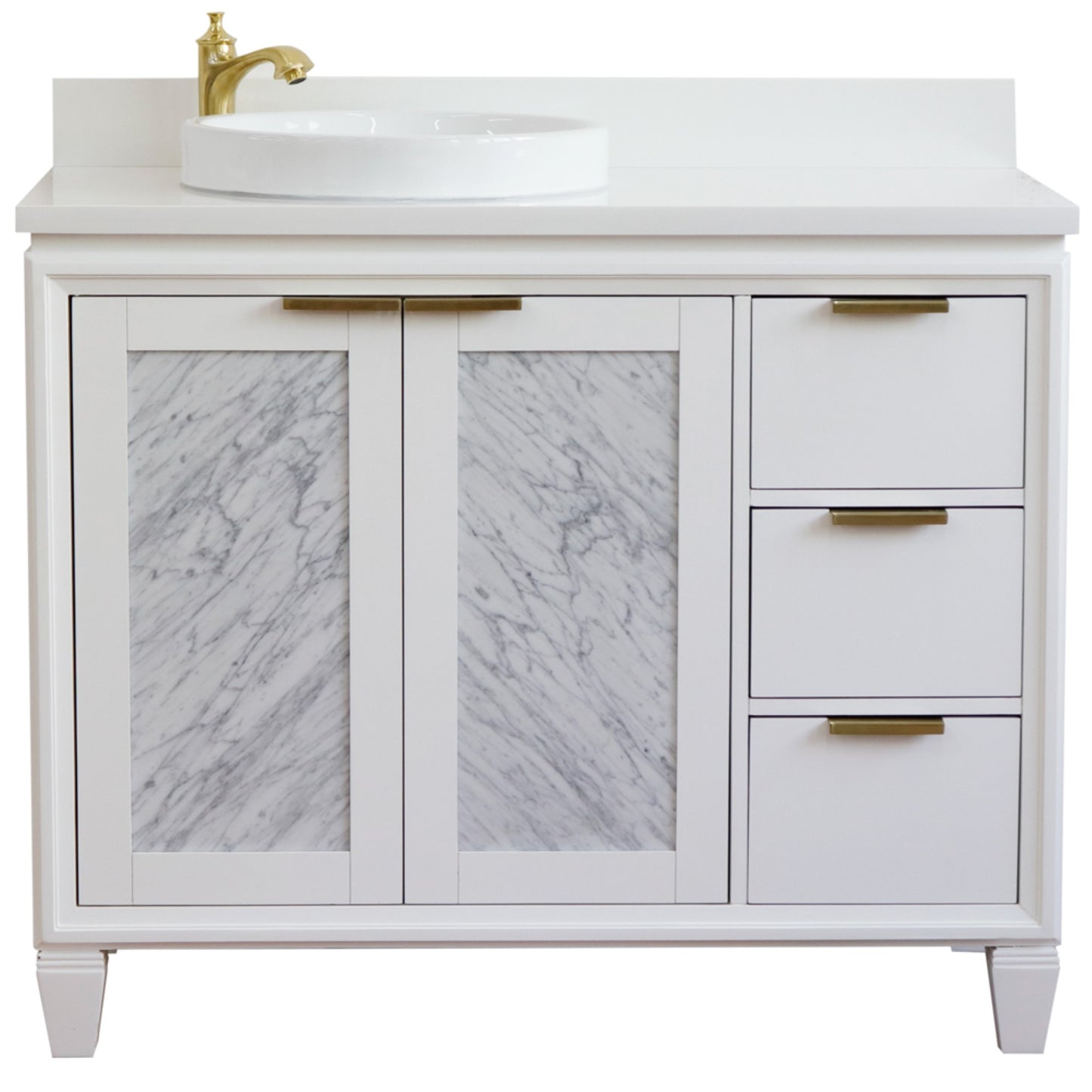 43" Single vanity in White finish with White engineered stone and round sink Left door/Left sink