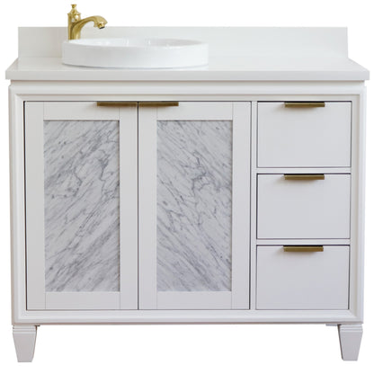 43" Single vanity in White finish with White engineered stone and round sink Left door/Left sink
