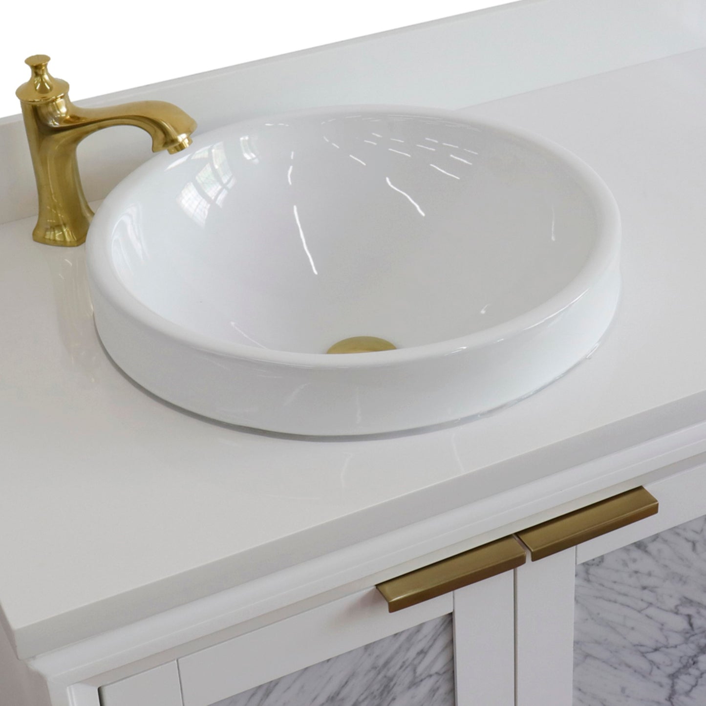 43" Single vanity in White finish with White engineered stone and round sink Left door/Left sink