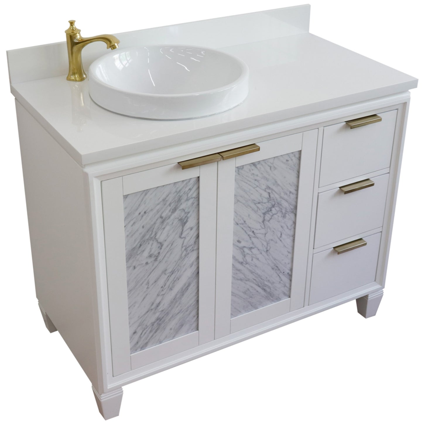 43" Single vanity in White finish with White engineered stone and round sink Left door/Left sink