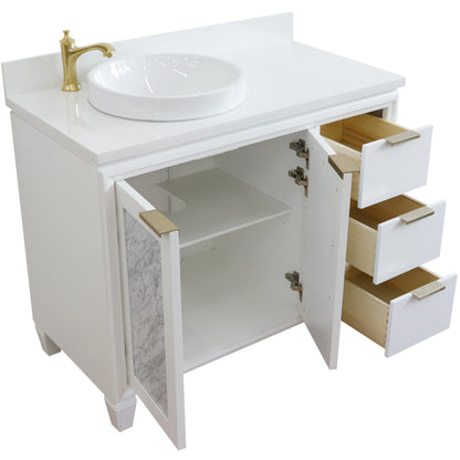 43" Single vanity in White finish with White engineered stone and round sink Left door/Left sink