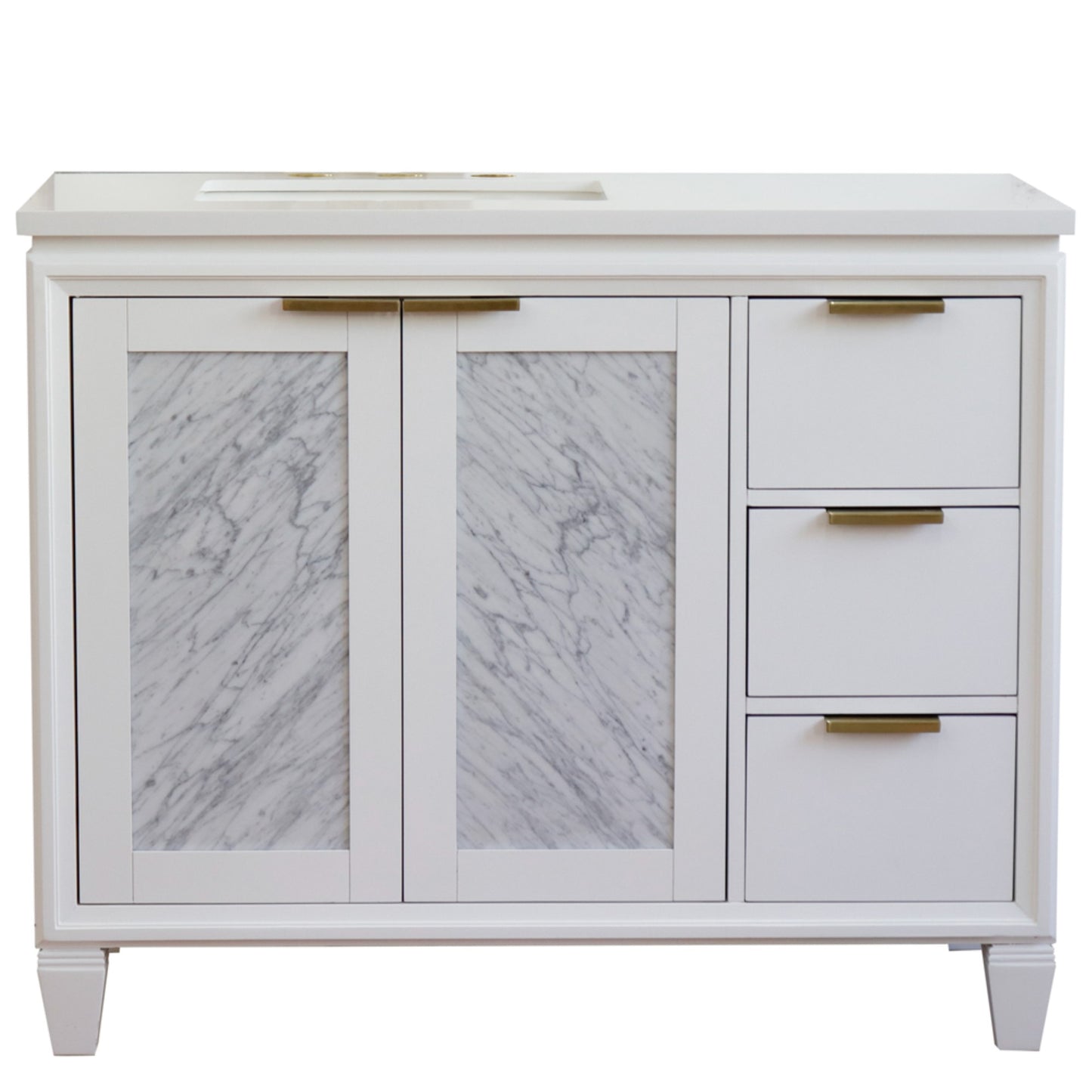 43" Single vanity in White finish with White engineered stone and rectangle sink Left door/Left sink
