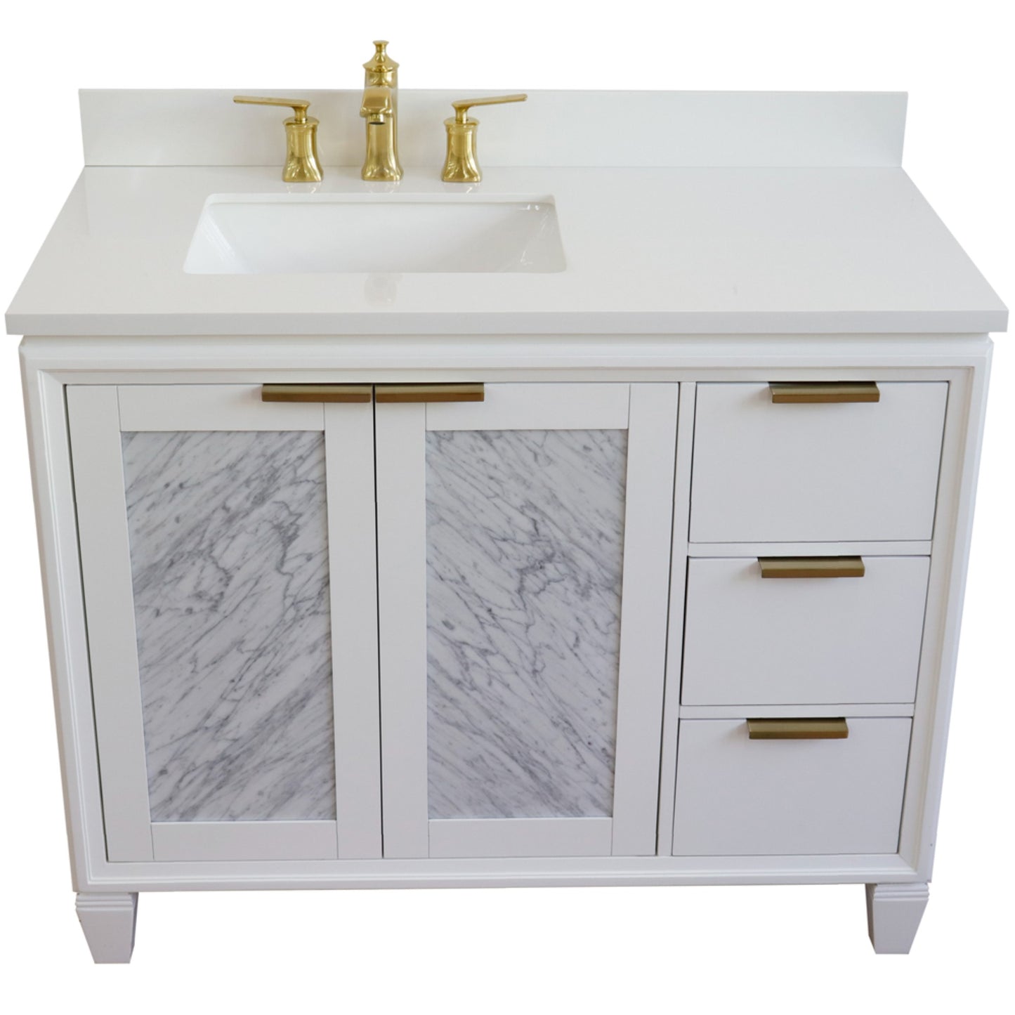 43" Single vanity in White finish with White engineered stone and rectangle sink Left door/Left sink
