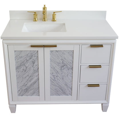 43" Single vanity in White finish with White engineered stone and rectangle sink Left door/Left sink