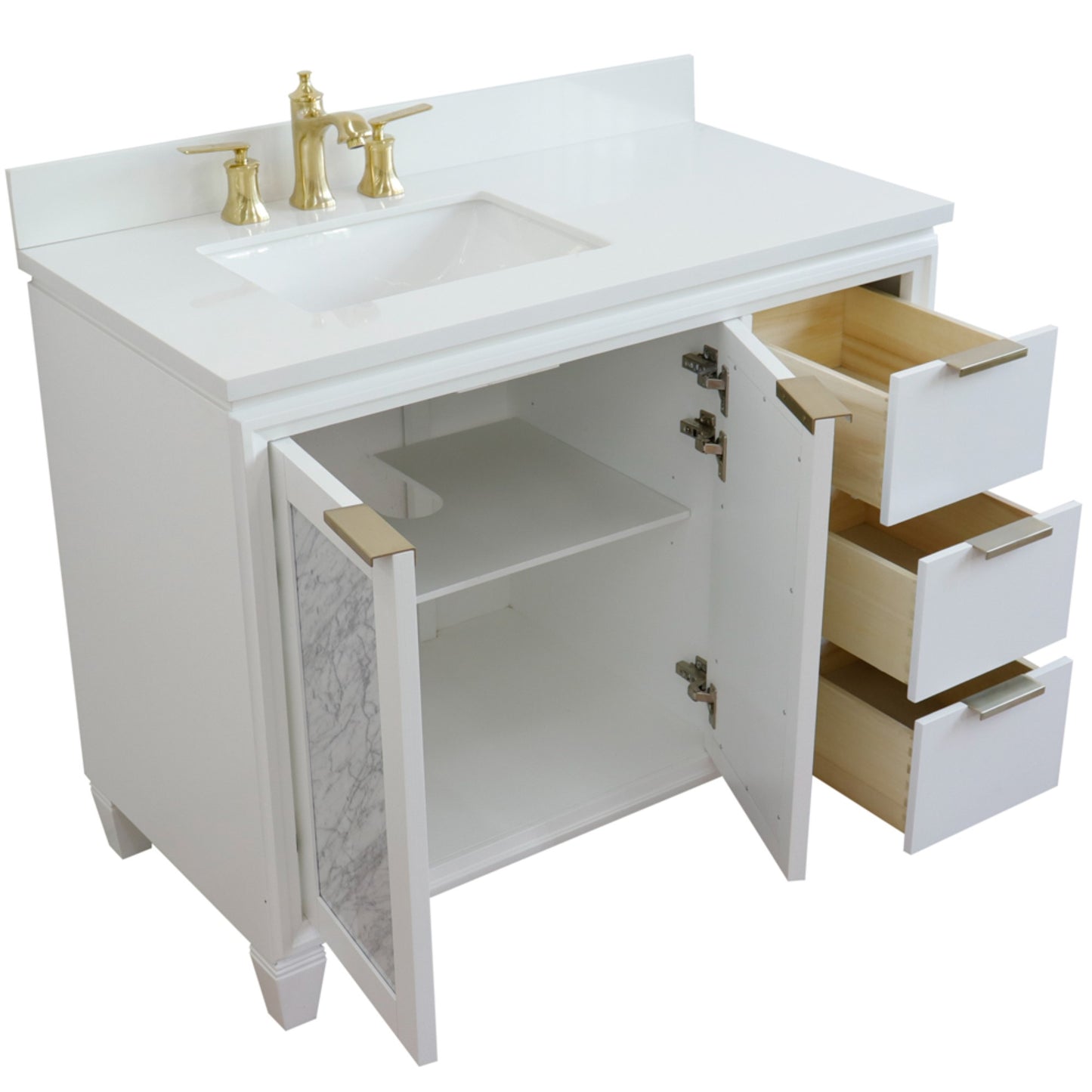 43" Single vanity in White finish with White engineered stone and rectangle sink Left door/Left sink