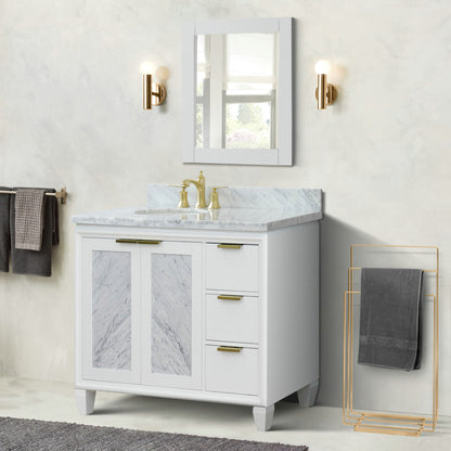 43" Single vanity in White finish with White Carrara and oval sink Left door/Left sink