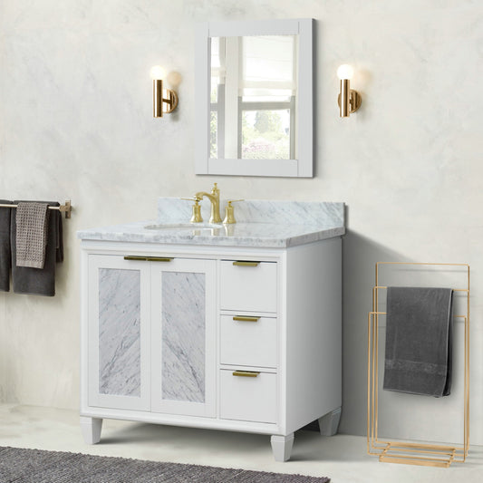 43" Single vanity in White finish with White Carrara and oval sink Left door/Left sink