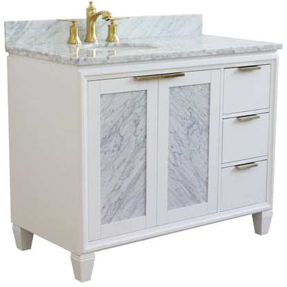 43" Single vanity in White finish with White Carrara and oval sink Left door/Left sink