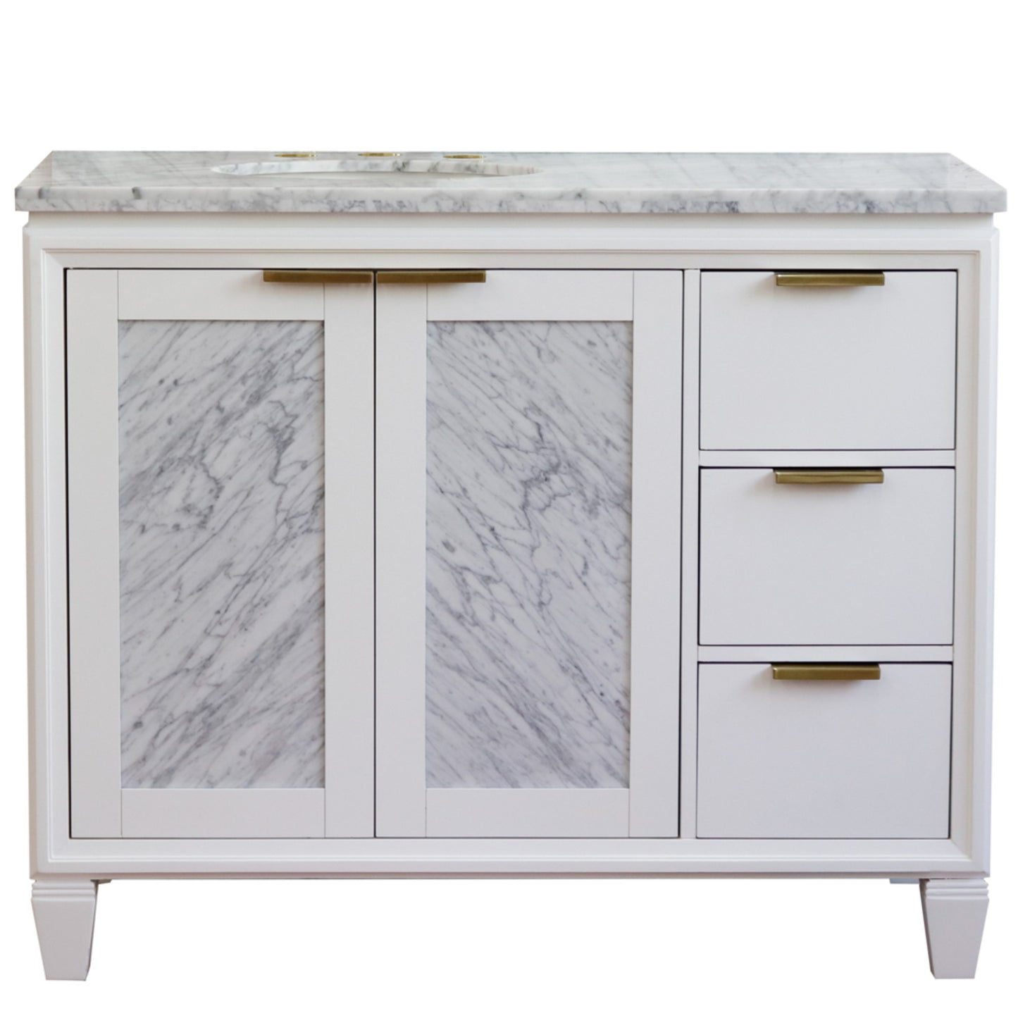 43" Single vanity in White finish with White Carrara and oval sink Left door/Left sink
