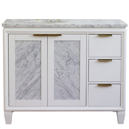 43" Single vanity in White finish with White Carrara and oval sink Left door/Left sink
