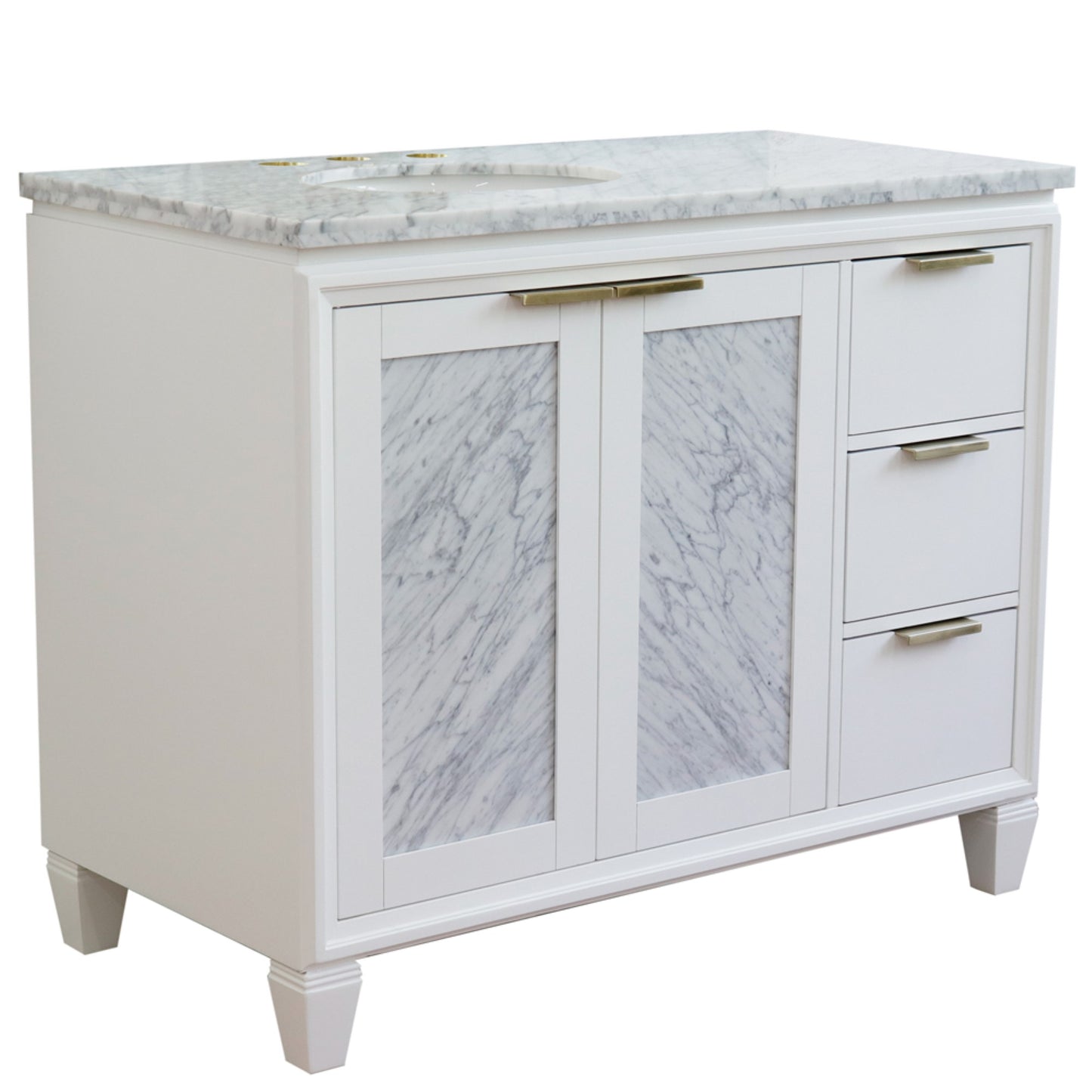 43" Single vanity in White finish with White Carrara and oval sink Left door/Left sink