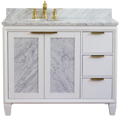 43" Single vanity in White finish with White Carrara and oval sink Left door/Left sink
