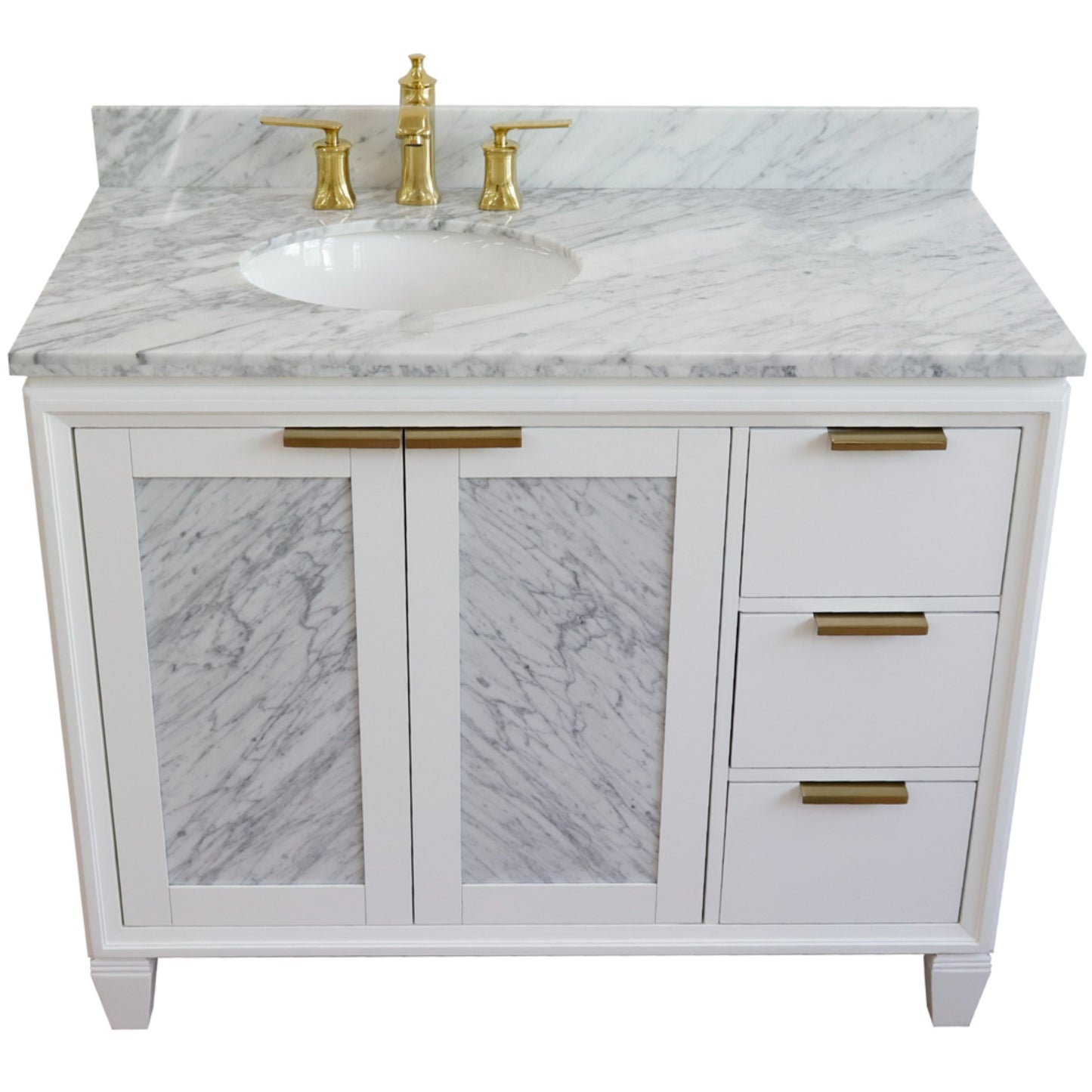 43" Single vanity in White finish with White Carrara and oval sink Left door/Left sink