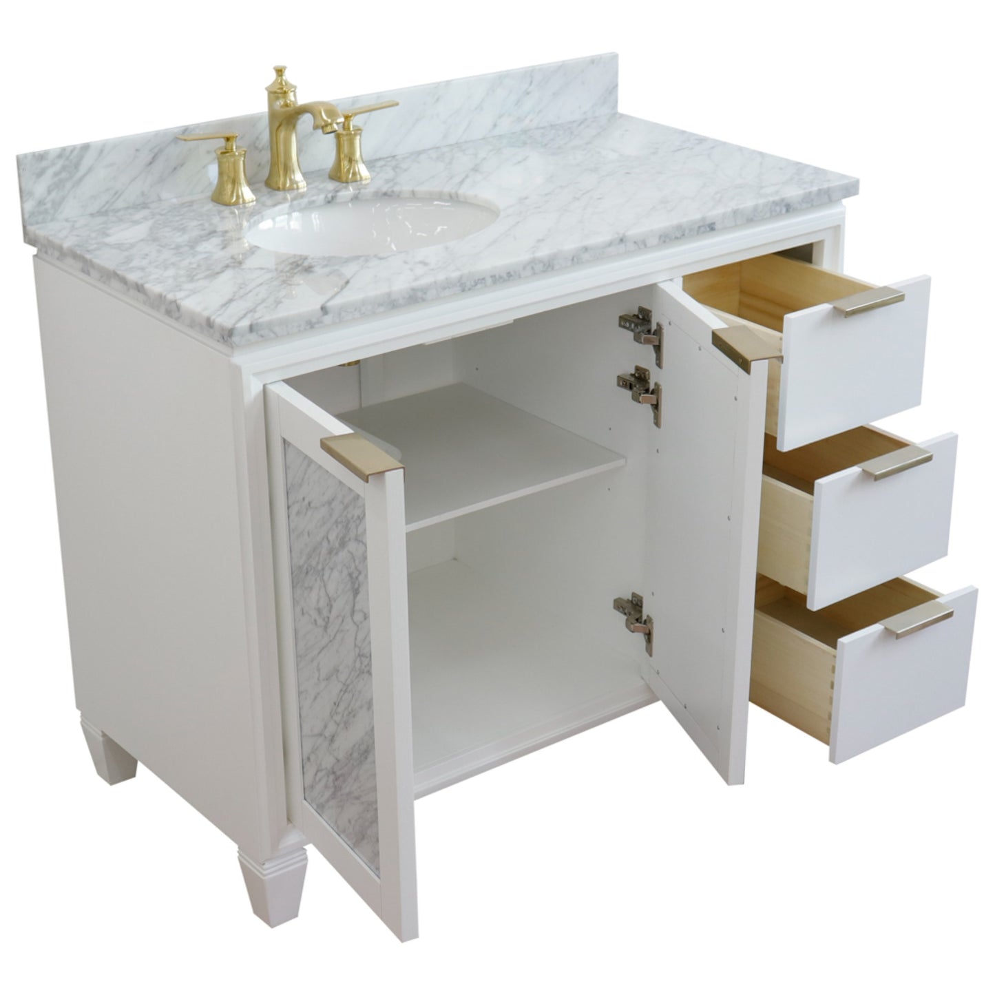43" Single vanity in White finish with White Carrara and oval sink Left door/Left sink