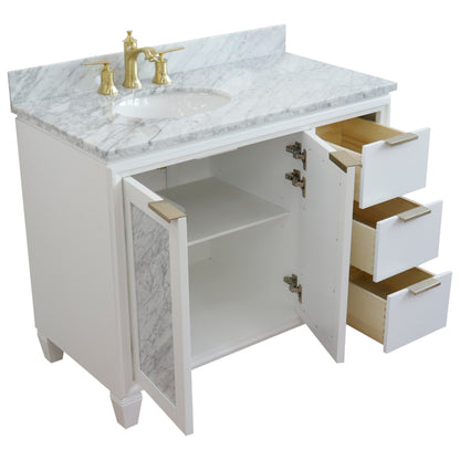 43" Single vanity in White finish with White Carrara and oval sink Left door/Left sink