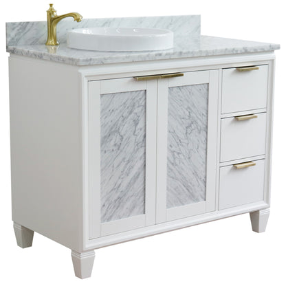 43" Single vanity in White finish with White Carrara and round sink Left door/Left sink