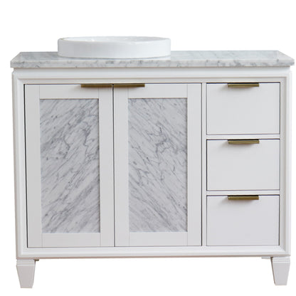 43" Single vanity in White finish with White Carrara and round sink Left door/Left sink