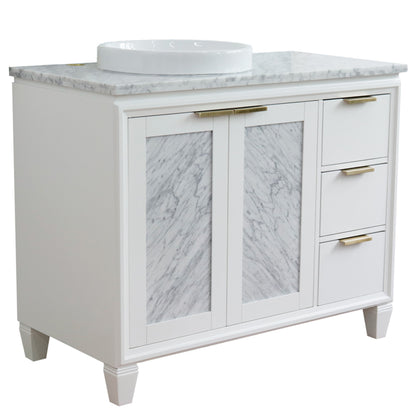 43" Single vanity in White finish with White Carrara and round sink Left door/Left sink