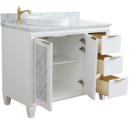 43" Single vanity in White finish with White Carrara and round sink Left door/Left sink