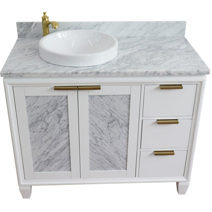 43" Single vanity in White finish with White Carrara and round sink Left door/Left sink