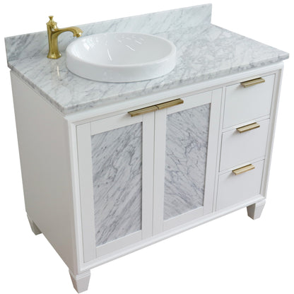 43" Single vanity in White finish with White Carrara and round sink Left door/Left sink