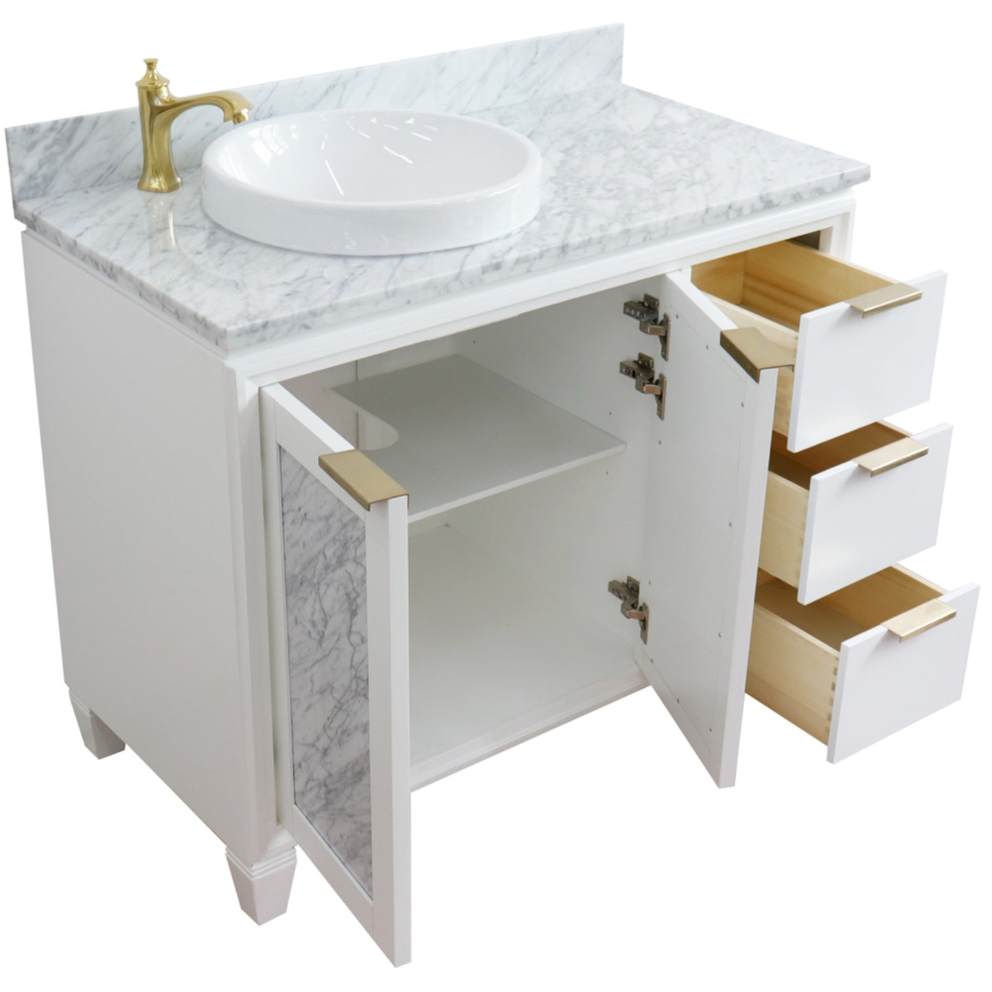 43" Single vanity in White finish with White Carrara and round sink Left door/Left sink
