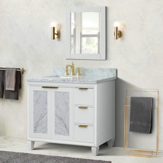 43" Single vanity in White finish with White Carrara and rectangle sink Left door/Left sink