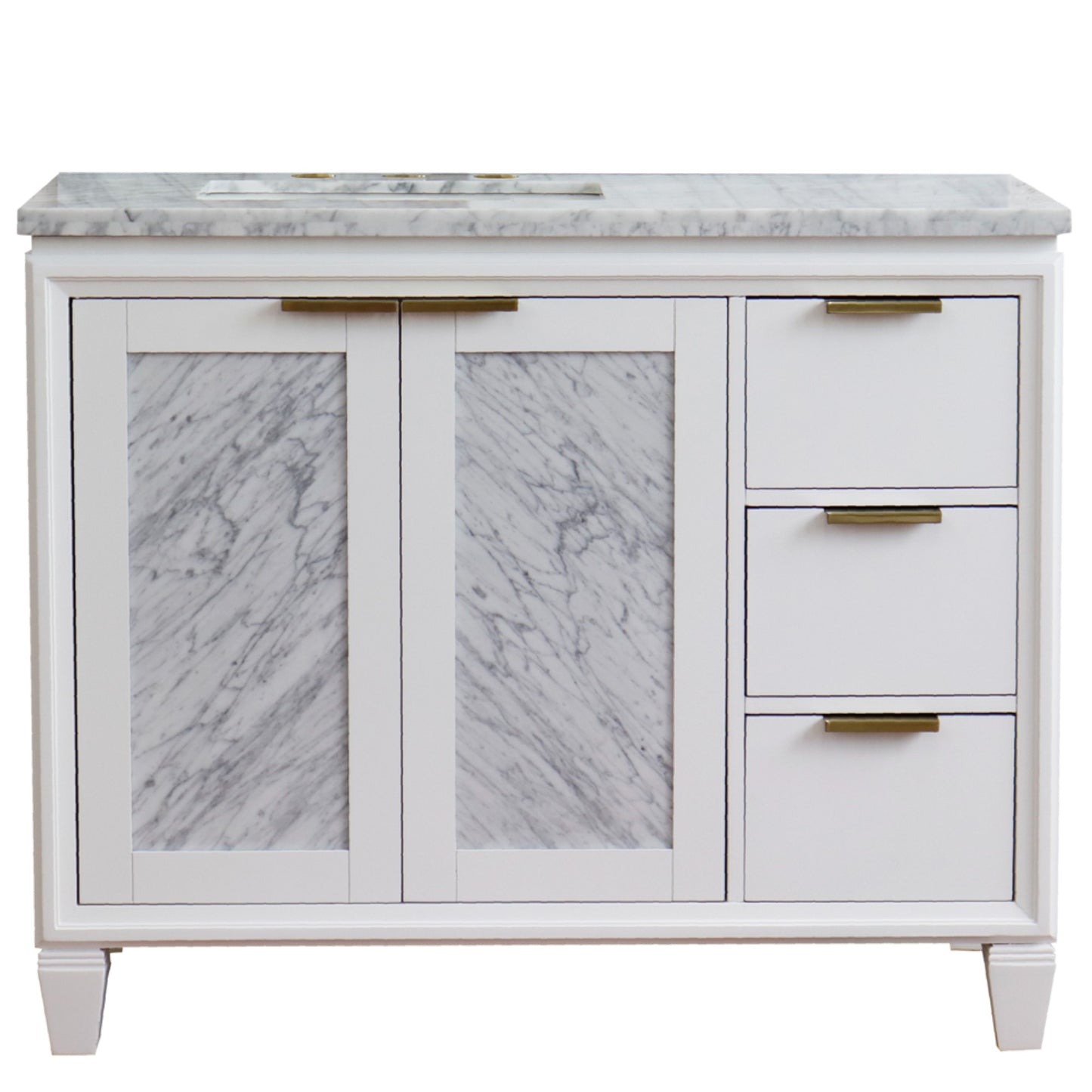 43" Single vanity in White finish with White Carrara and rectangle sink Left door/Left sink