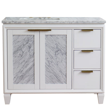 43" Single vanity in White finish with White Carrara and rectangle sink Left door/Left sink