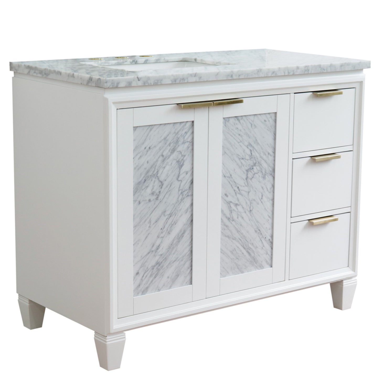 43" Single vanity in White finish with White Carrara and rectangle sink Left door/Left sink