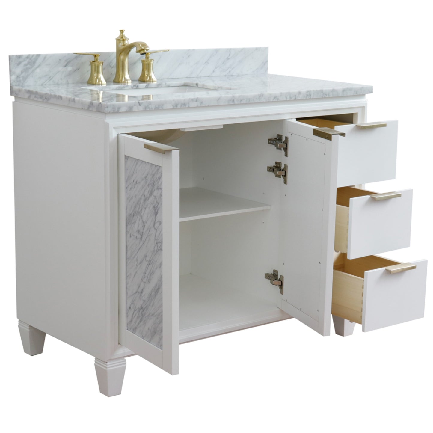 43" Single vanity in White finish with White Carrara and rectangle sink Left door/Left sink