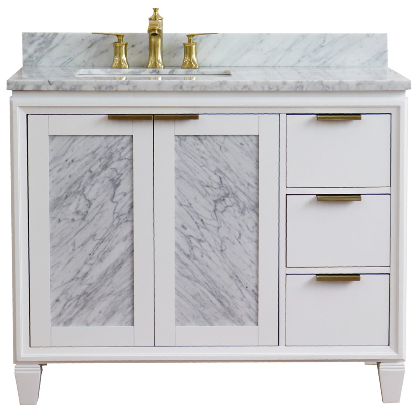 43" Single vanity in White finish with White Carrara and rectangle sink Left door/Left sink