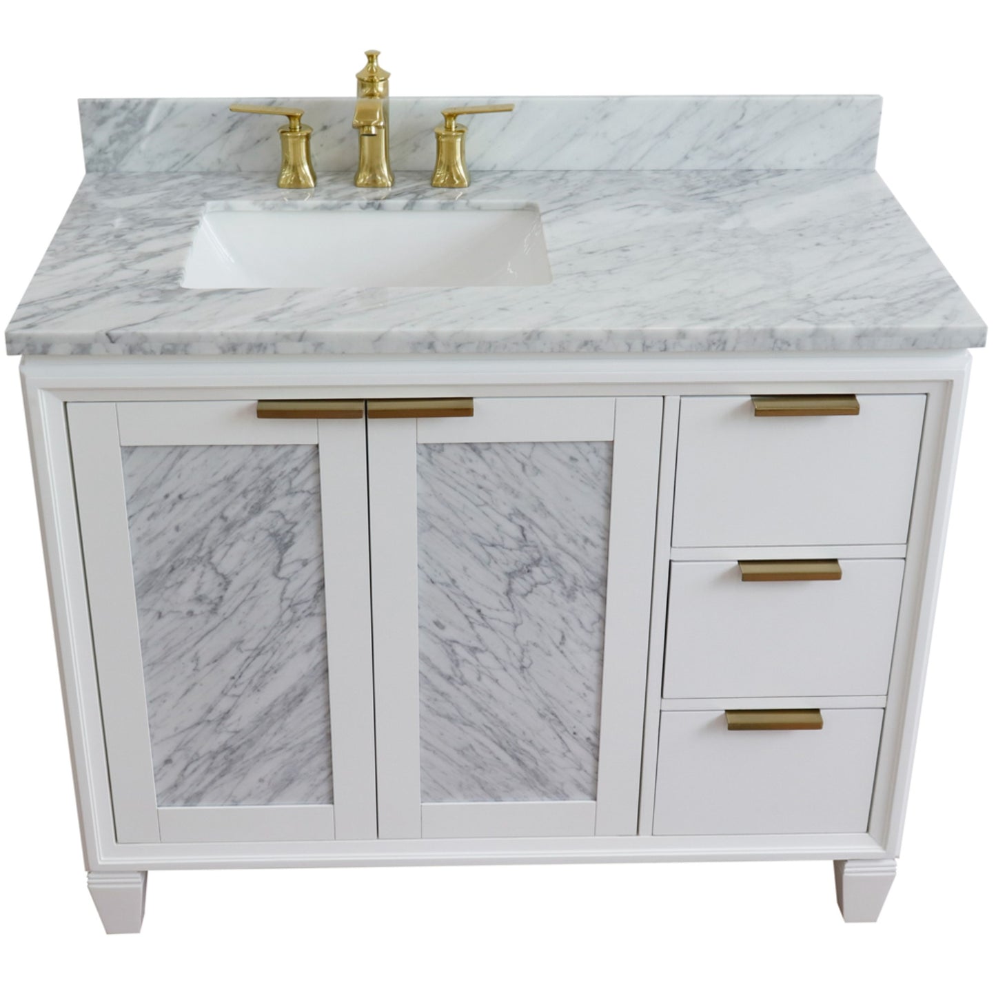 43" Single vanity in White finish with White Carrara and rectangle sink Left door/Left sink