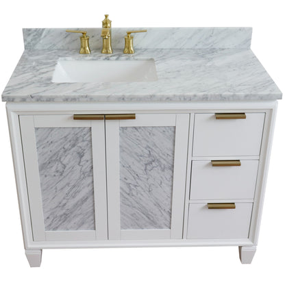 43" Single vanity in White finish with White Carrara and rectangle sink Left door/Left sink