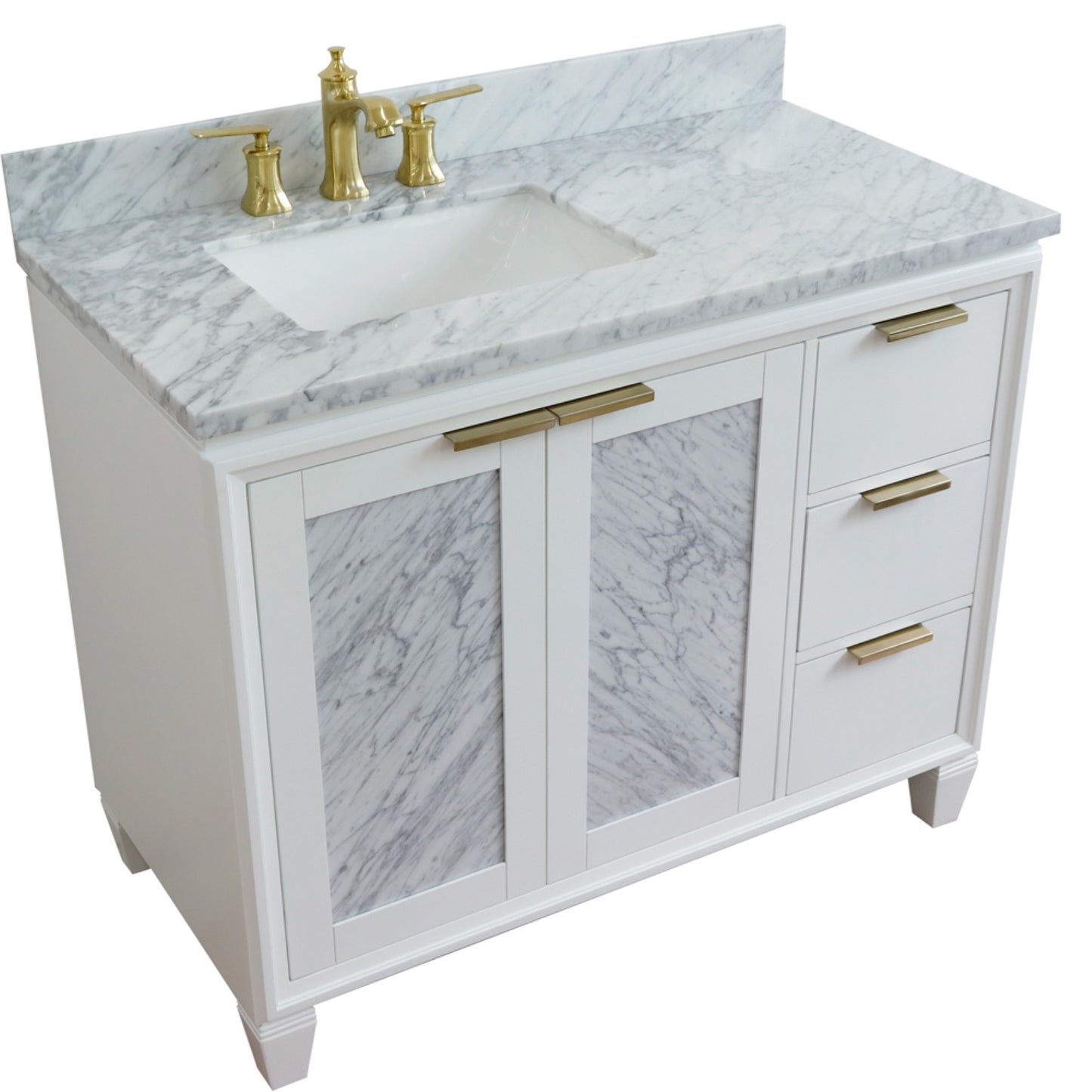 43" Single vanity in White finish with White Carrara and rectangle sink Left door/Left sink