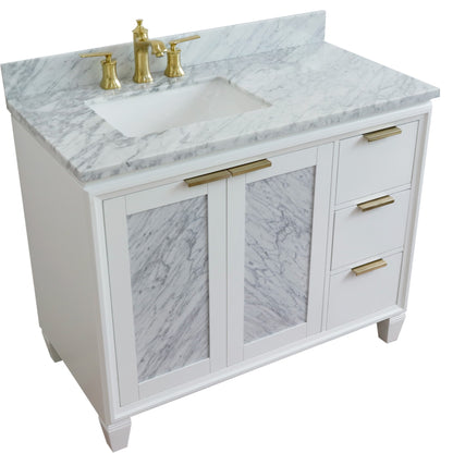 43" Single vanity in White finish with White Carrara and rectangle sink Left door/Left sink