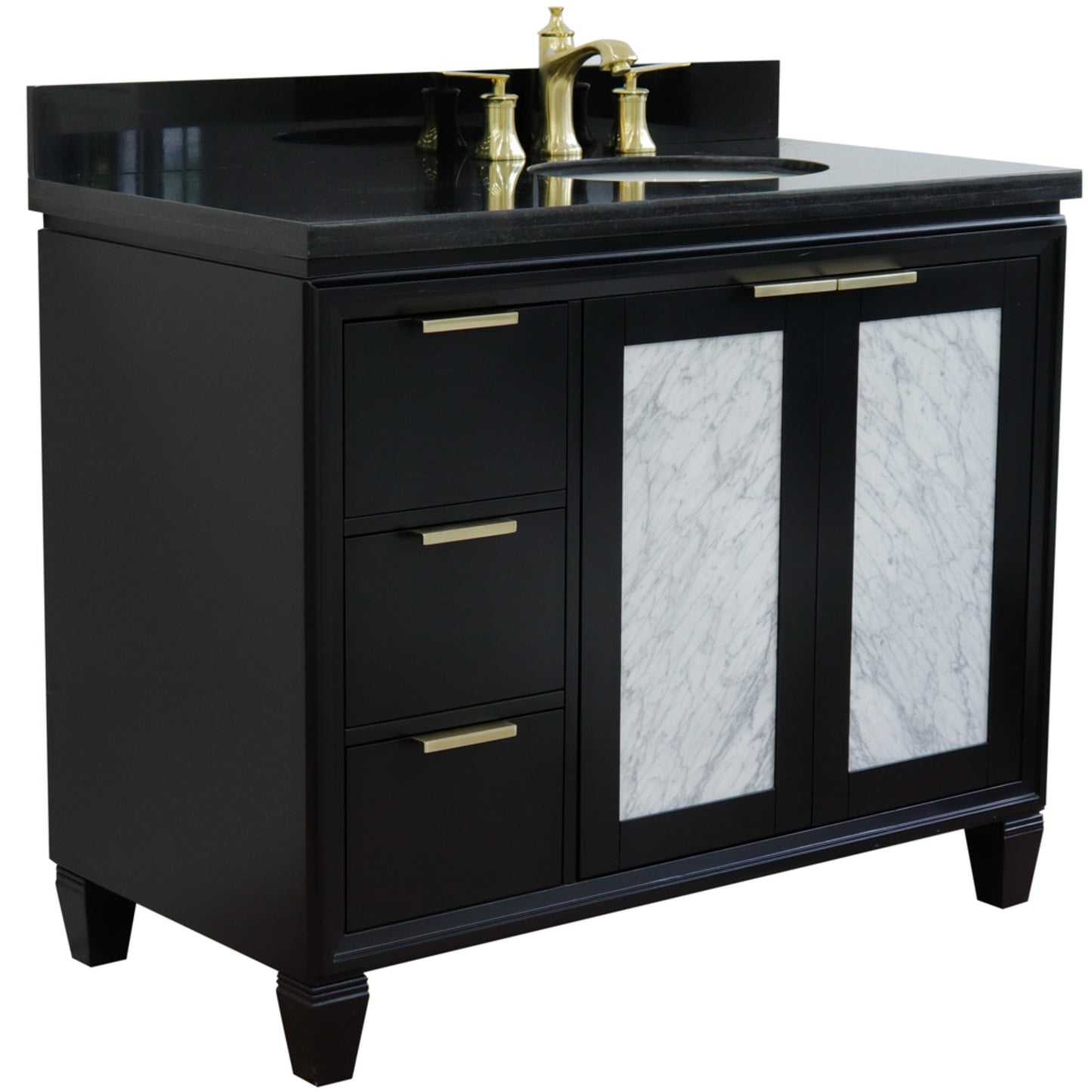 43" Single vanity in Black finish with Black galaxy and oval sink Right door/Right sink