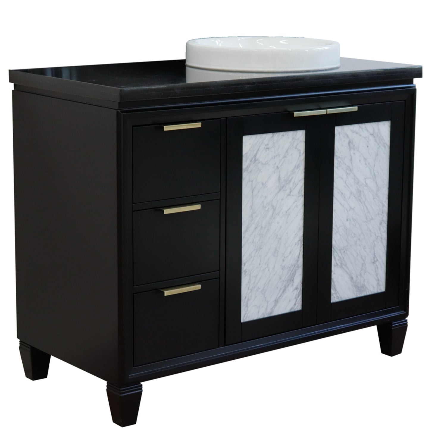 43" Single vanity in Black finish with Black galaxy and round sink Right door/Right sink