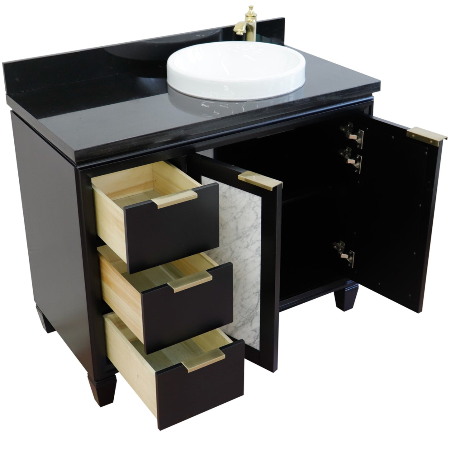 43" Single vanity in Black finish with Black galaxy and round sink Right door/Right sink