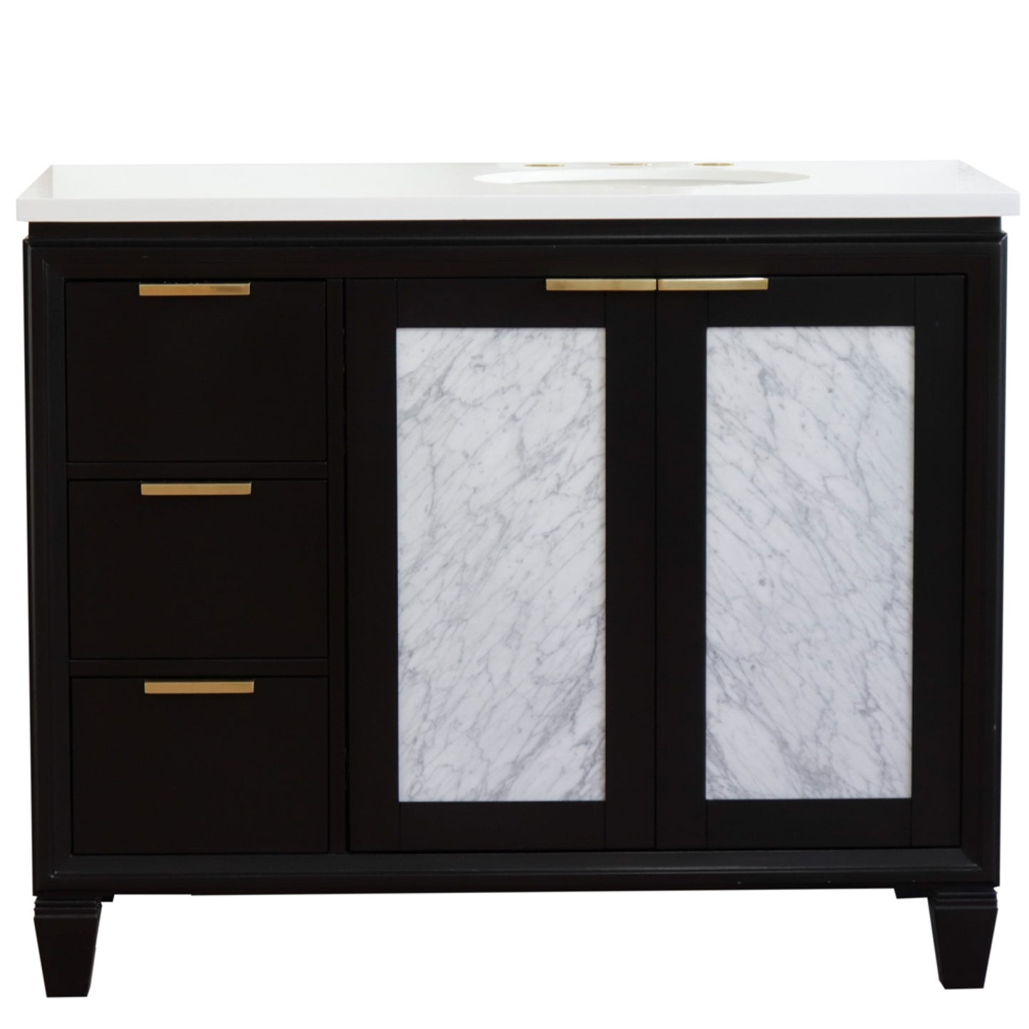 43" Single vanity in Black finish with White engineered stone and oval sink Right door/Right sink