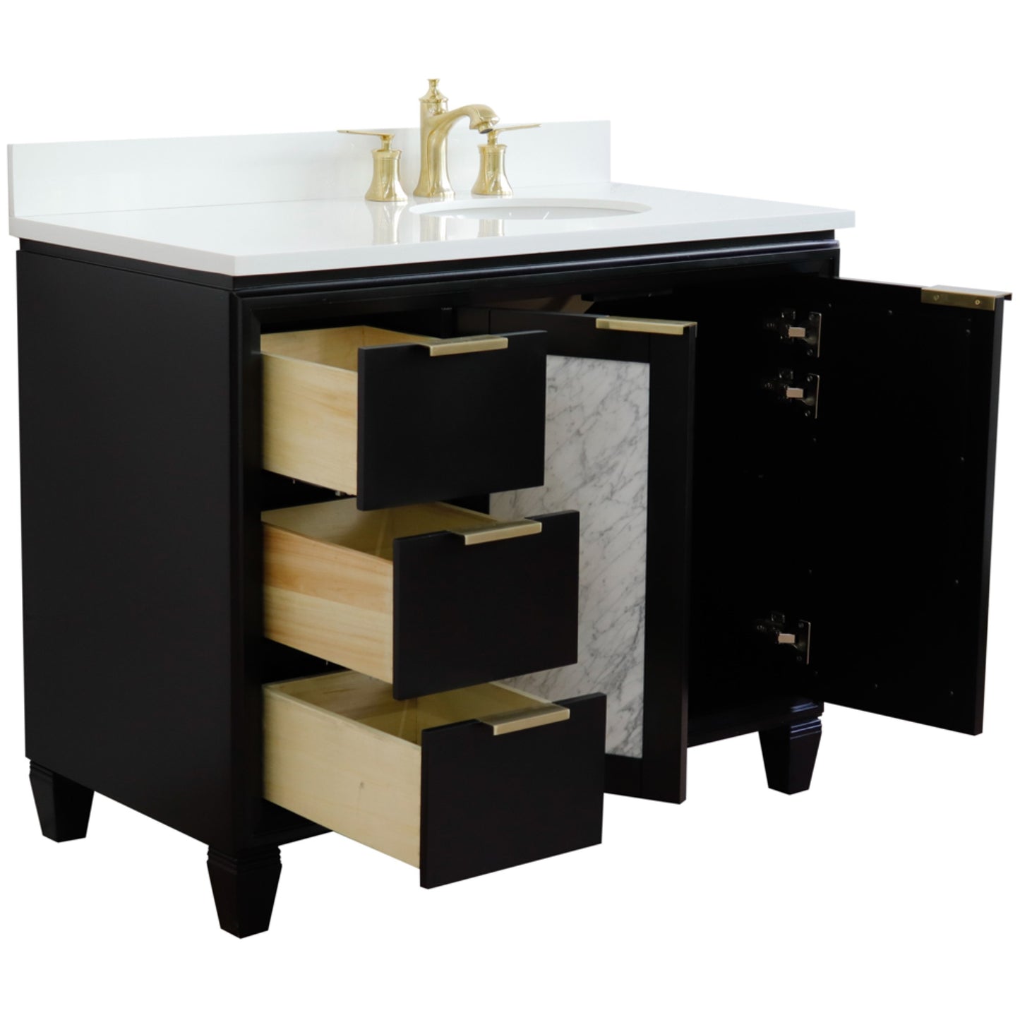 43" Single vanity in Black finish with White engineered stone and oval sink Right door/Right sink