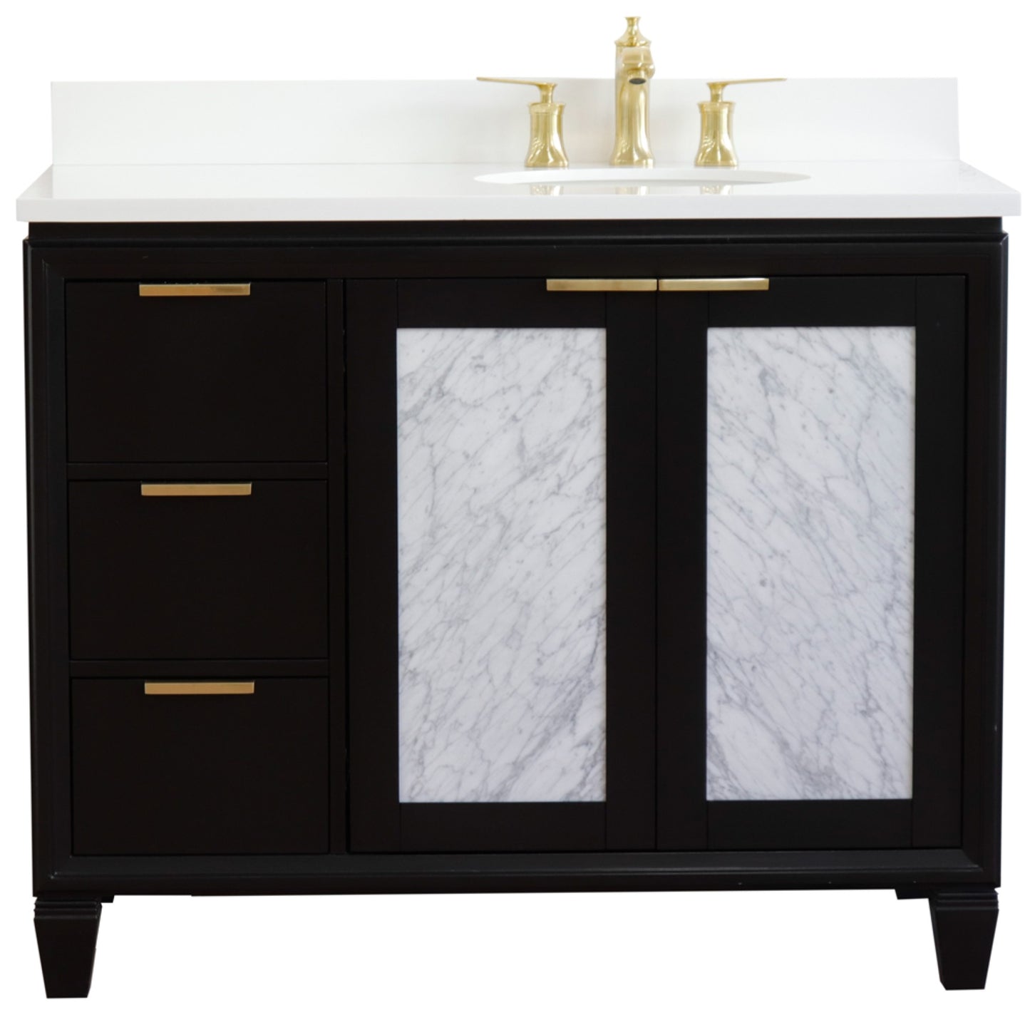 43" Single vanity in Black finish with White engineered stone and oval sink Right door/Right sink