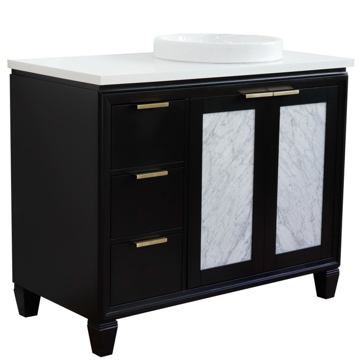 43" Single vanity in Black finish with White engineered stone and round sink Right door/Right sink