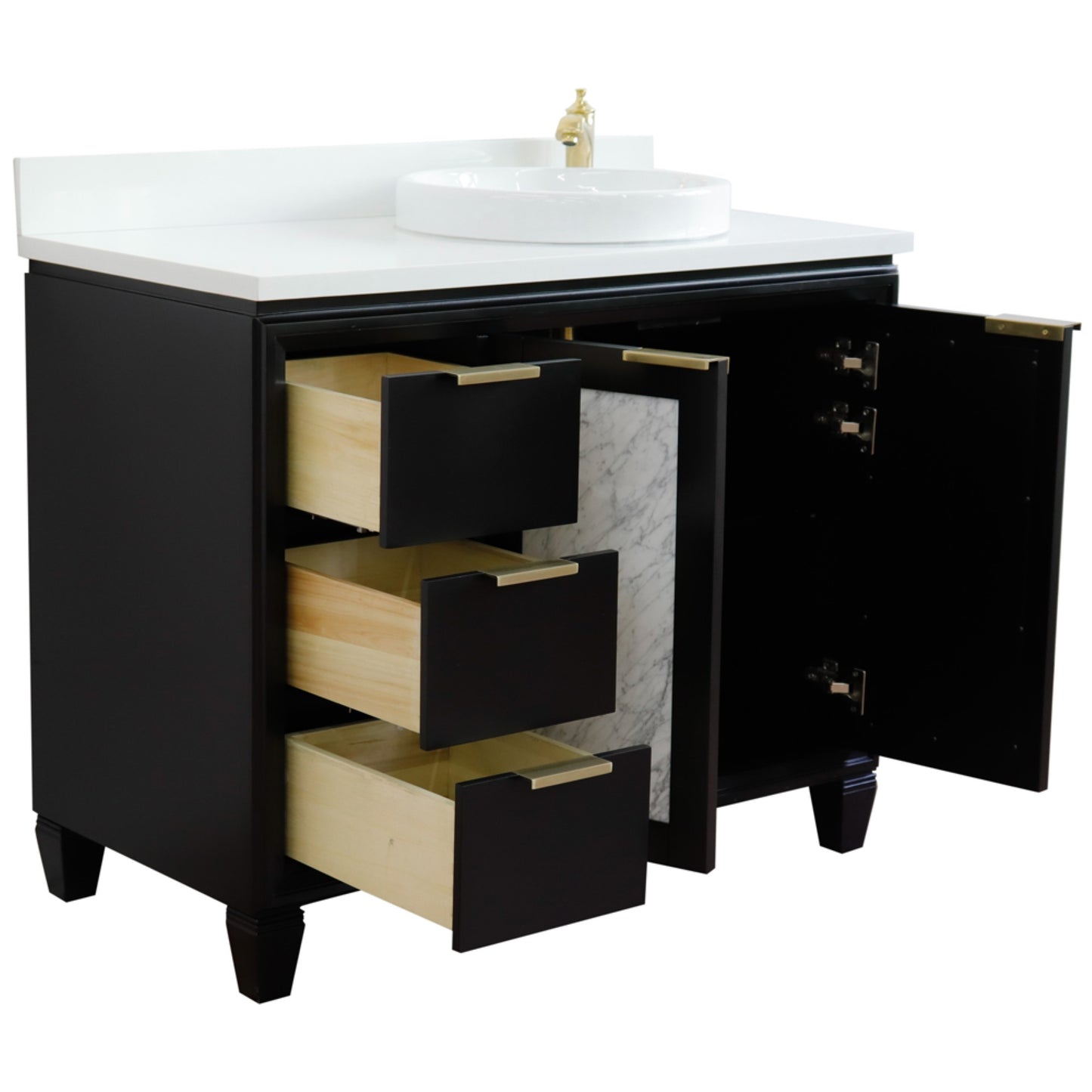 43" Single vanity in Black finish with White engineered stone and round sink Right door/Right sink